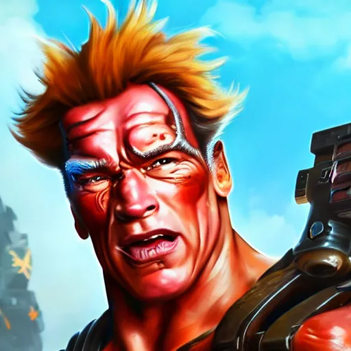 Prompt: a screenshot of arnold schwarzenegger as junkrat in overwatch holding detonator, portrait, fantasy, beautiful face, vivid colors, elegant, concept art, sharp focus, digital art, hyper - realistic, 4 k, unreal engine, highly detailed, hd, dramatic lighting by brom, trending on artstation