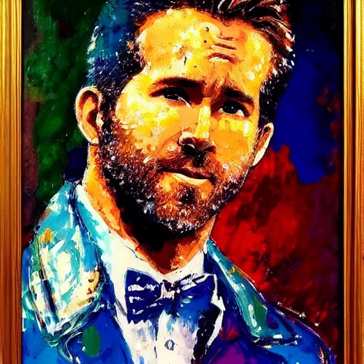 Image similar to ryan reynolds by leroy neiman, intricate, ultra detailed painting, atmospheric lighting, golden hour