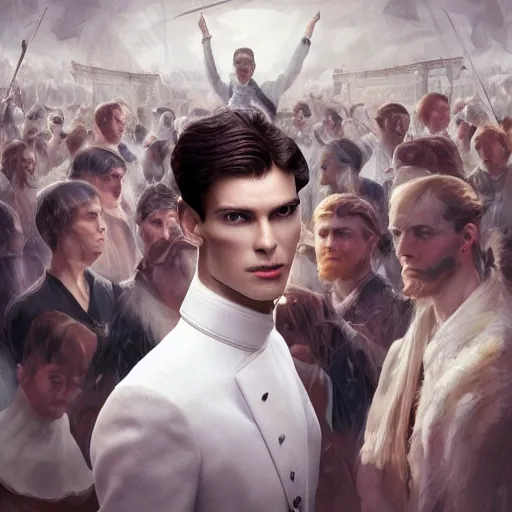 Prompt: portrait of a regal prince with sharp cheekbones, white clothes, high collar, close up, super details, surrounded by an angry crowd, modern digital art, matte painting, science fiction