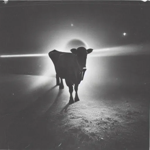 Image similar to vintage photograph from the 1 9 3 0 s of a cow being beamed up by aliens