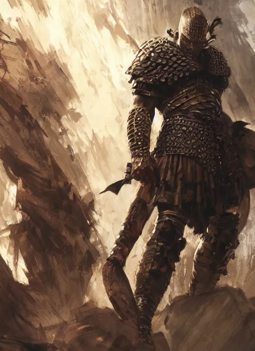 Image similar to ancient historically accurate depiction of the Bible Character Goliath of Gath, the Philistine warrior giant in ancient persian chainmail armor, dramatic lighting art by Yoji Shinkawa by Richard Schmid by greg rutkowski by Sandra Chevrier by Jeremy Lipking cinematic dramatic