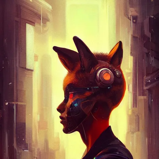 Image similar to a painting of a woman with a fox on her head, cyberpunk art by Sam Spratt, featured on Artstation, furry art, darksynth, artstation hd, 2d game art