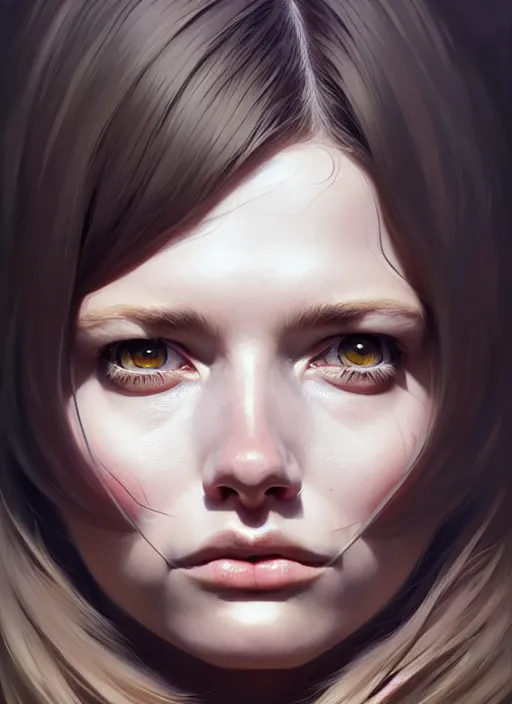 Image similar to hyper - realistic portrait of a female hunter, symmetrical face and body, symmetrical composition, dynamic wavy hair, detailed designs, digital painting, 4 k, by ilya kuvshinov, by greg rutkowski, atmospheric lighting