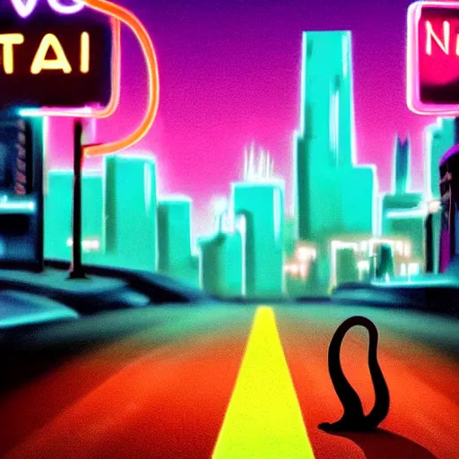 Image similar to neon city with a cat in the road cinematography