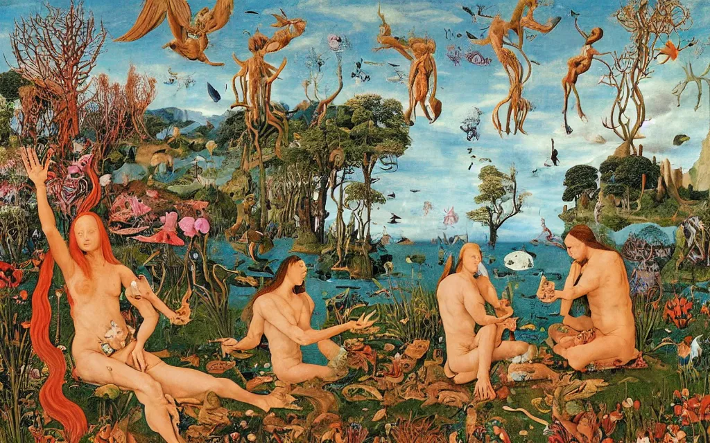 Image similar to a photograph of a meditating centaur shaman and a flayed mermaid feeding birds at a wide river delta. surrounded by bulbous flowers, animals and a few trees. cliffs under a blue sky of burning stars. painted by jan van eyck, max ernst, ernst haeckel, ernst fuchs and artgerm, trending on cgsociety, psychedelic patterns