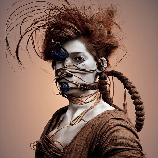 Prompt: portrait of a Shibari rope wrapped around the face and neck of an young female cyborg merchant, mouth wired shut, headshot, insanely nice professional hair style, dramatic hair color, digital painting, of a old 17th century, amber jewels, baroque, ornate clothing, scifi, realistic, hyper detailed, chiaroscuro, concept art, art by Franz Hals and Jon Foster and Ayami Kojima and Amano and Karol Bak,