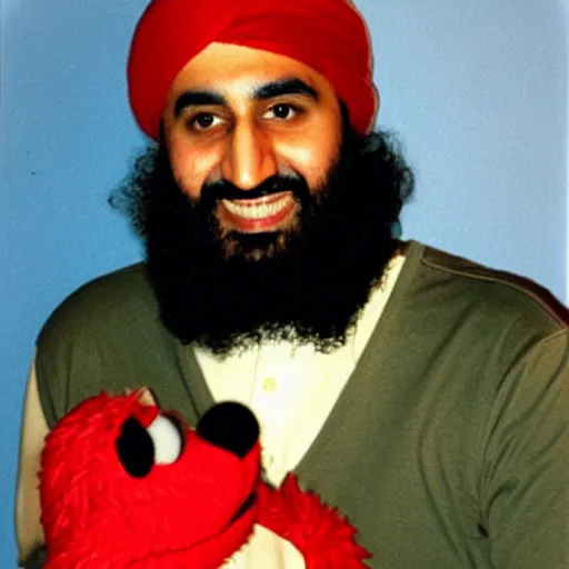 Image similar to polaroid photo of osama bin laden posing with elmo