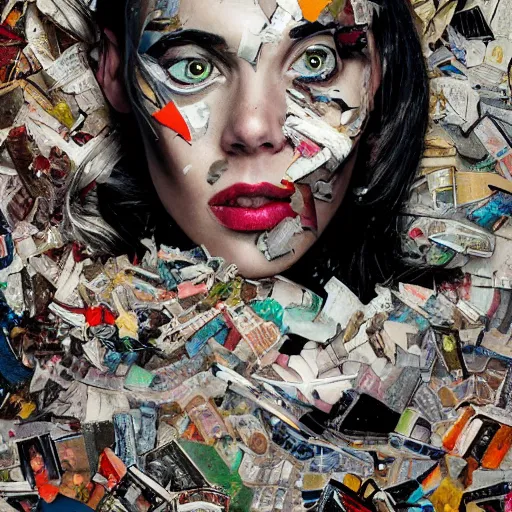 Prompt: a painting of a woman's face with pieces of torn-up pages of superhero comic books on her face, a surrealist painting, behance contest winner, pop surrealism, surrealist, detailed painting, poster art