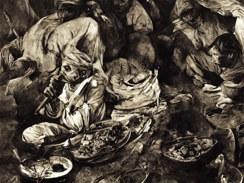 Image similar to The worker of the gold mines eating. Night. Painting by Georges de la Tour, Sebastiao Salgado