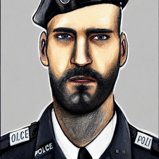 Prompt: portrait of a blonde police officer with short hair and a patchy beard, close up, grimy streets backdrop, detailed, art by loran desore