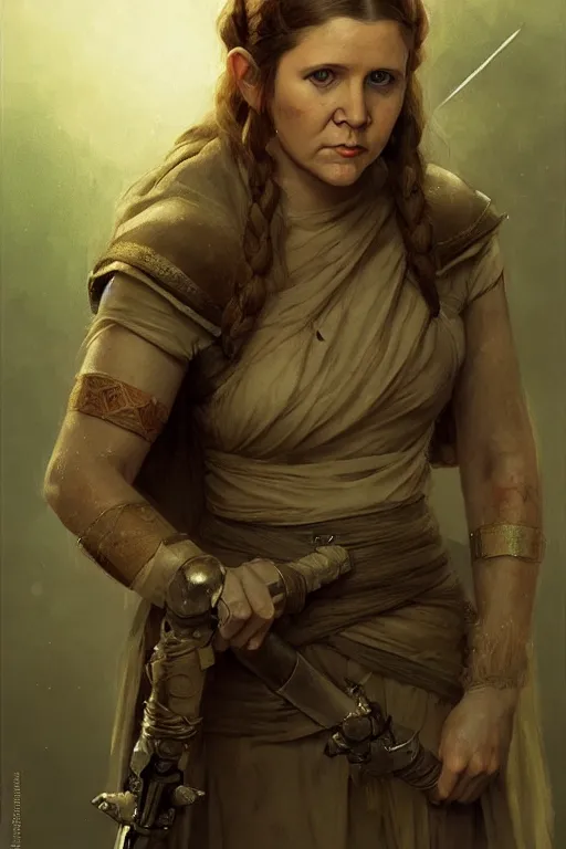 Image similar to young carrie fisher, battle warrior, lord of the rings, tattoos, decorative ornaments, by carl spitzweg, ismail inceoglu, vdragan bibin, hans thoma, greg rutkowski, alexandros pyromallis, perfect face, fine details, realistic shading, photorealism