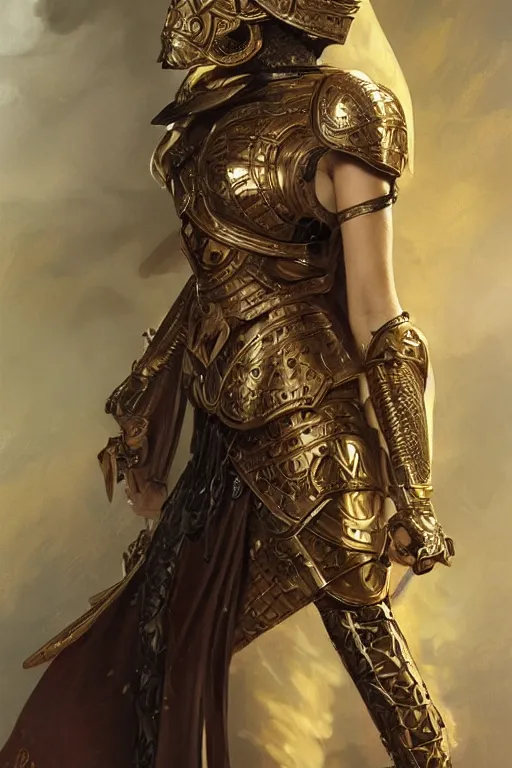 Prompt: attractive young female warrior, ornate metallic helmet, battle armor, olive skin, long dark hair, beautiful bone structure, beautiful face, goddess-like, intricate, elegant, highly detailed, digital painting, artstation, concept art, smooth, sharp focus, illustration, art by artgerm and greg rutkowski and alphonse mucha