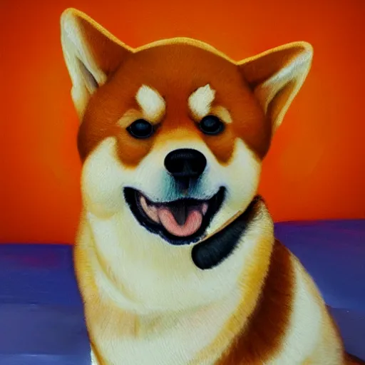 Image similar to oil painting of a shiba inu dog wearing a sombrero, orange background