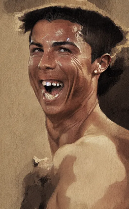 Image similar to cristiano ronaldo laughing at the camera, traditional corsican, intricate, highly detailed, pastoral, artstation, illustration, jurgens, rutkowski, bouguereau