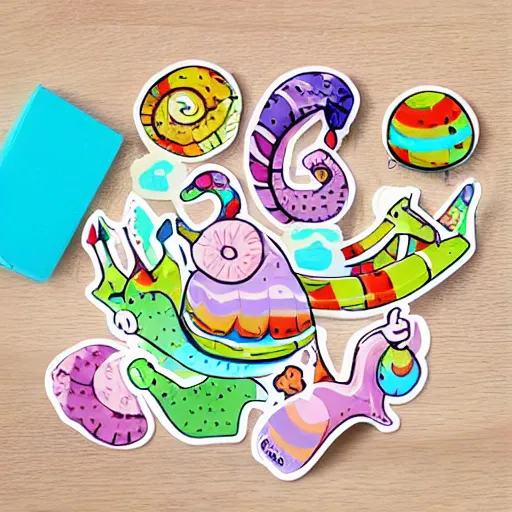 Prompt: snail animal toy illustration sticker, cute, cartoon, kids