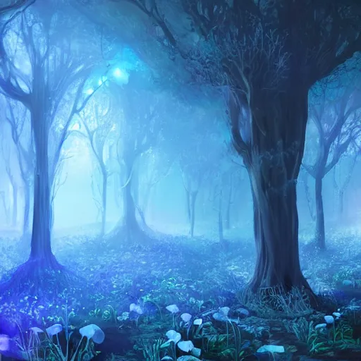 Image similar to portrait of an ethereal forest made of blue light, divine, cyberspace, mysterious, dark high-contrast concept art