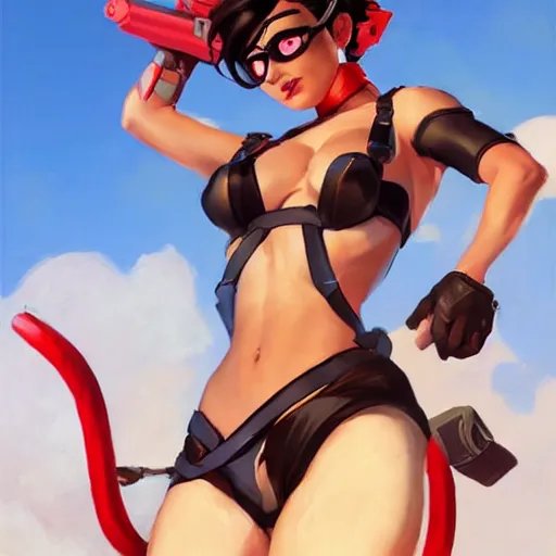 Prompt: pinup overwatch tracer in a red bikini thong, artwork by greg manchess, medium shot, asymmetrical, organic painting, sunny day, matte painting, bold shapes, hard edges, street art, trending on artstation, by huang guangjian and gil elvgren and sachin teng