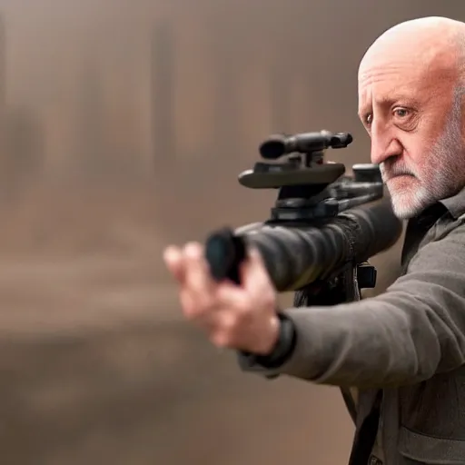 Image similar to A film still of Mike Ehrmantraut aiming a !!!sniper rifle!!!, 4k, !!highly detailed!!