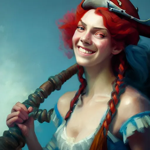 Prompt: portrait painting of a pirate queen age 2 5, bright and energetic, with a sweet smile and floofy hair, render cinematic lighting art 1 9 2 0 period drama by bussiere rutkowski andreas rocha