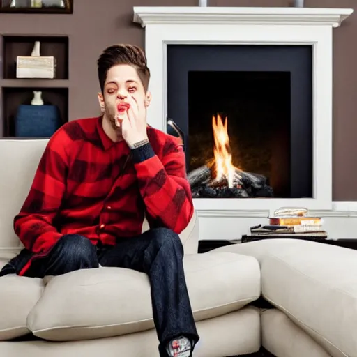 Prompt: pete davidson sitting on a white couch by a fireplace blowing kisses