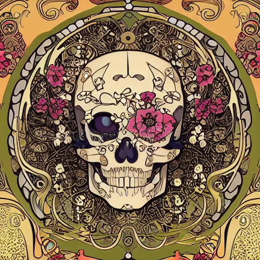 Image similar to anime manga closeup skull portrait floral detailed highres 4k intricate nature comic patterns vector illustration style by Alphonse Mucha and James Jean pop art nouveau