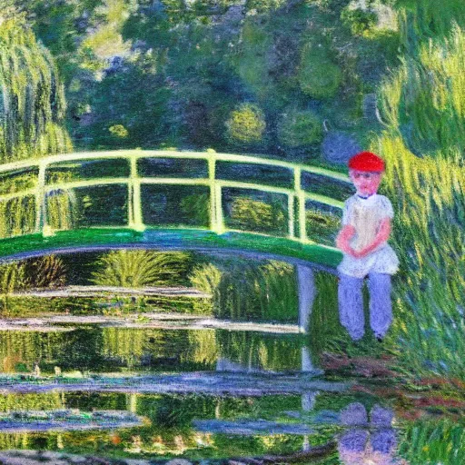 Image similar to in the style of Monet, a boy is eating foods, very highly detailed, 8k, wallpaper