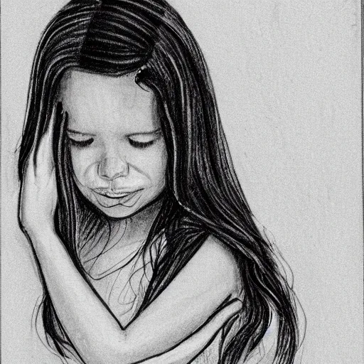 Image similar to black and white pencil sketch of a girl bending and crying into her arms in a bathroom