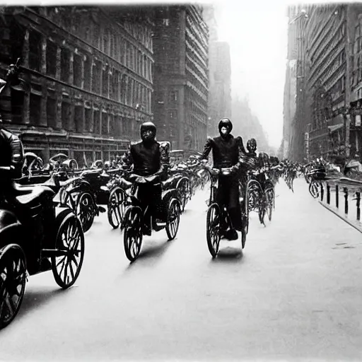 Prompt: old black and white photo, 1 9 1 3, depicting batcycle from dark knight rampaging through the bustling streets of new york city, rule of thirds, three - point perspective, historical record