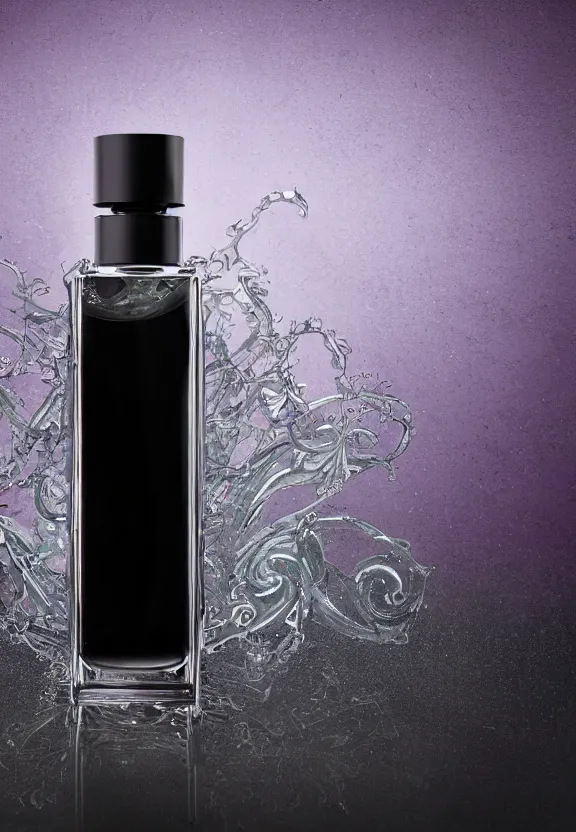 Prompt: close up shot of premium perfume bottle containing purple liquid, the bottle is placed on a black coloured table, ultra detail, commercial, designer product, cinematic lighting, hd artstation, symmetrical, rendered, 4k