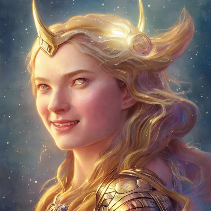 Image similar to smiling beautiful female thor with sparkling eyes, closed up portrait, highly detailed, gold filigree, fantasy, soft cinematic lighting, award, disney concept art, watercolor illustration by mandy jurgens and alphonse mucha and alena aenami, pastel color palette, featured on artstation