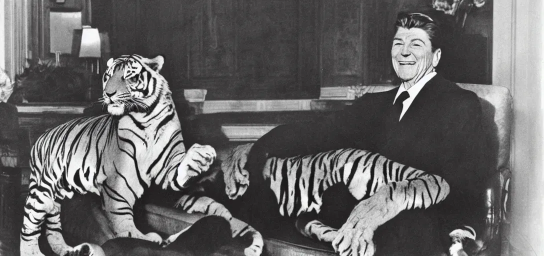 Image similar to [ ronald reagan sitting in chair with a tiger lying at his feet ]