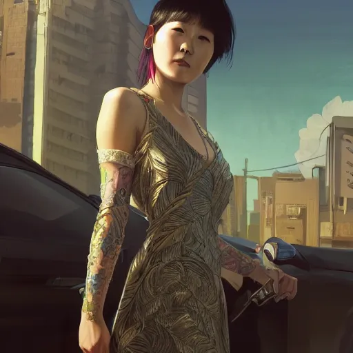 Prompt: A Korean woman in a stylish dress as a grand theft auto 5 loading screen, close shot, gorgeous, beautiful, intricate, highly detailed, digital painting, artstation, oppressive lighting, concept art, sharp focus, illustration, art by greg rutkowski and alphonse mucha