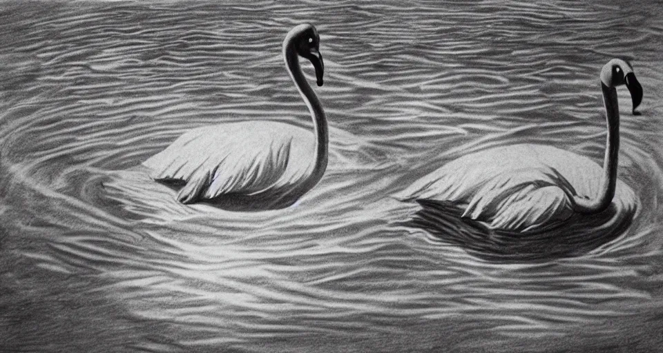 Image similar to pencil sketch of an inflatable flamingo in a swimming pool, highly detailed, dramatic lighting, intense shadows, rich deep colours, by salvador dali