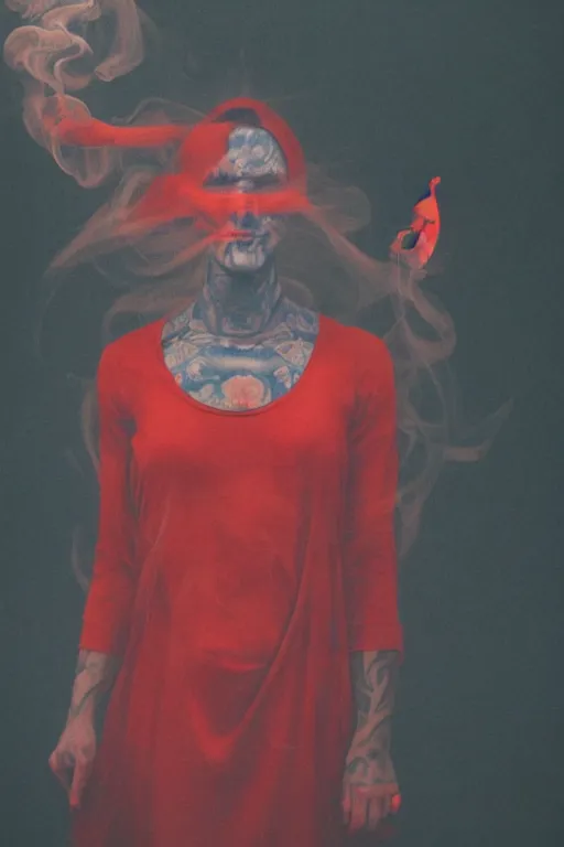Prompt: tattooed beautiful cult girl smoke swirling and smiling, red dress, drug trip, symmetric, dark, moody, eerie religious composition, photorealistic oil painting, post modernist layering, by Sean Yoro