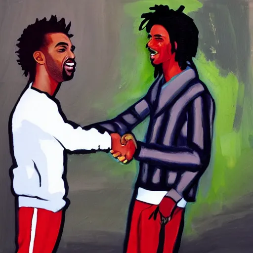 Image similar to painting of Playboi Carti shaking hands with Drake