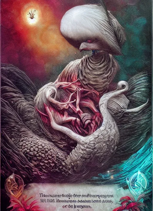 Image similar to the dodo, death tarot card, highly detailed, cinematic, 8 k, by megan duncanson, benjamin lacombe, adrian borda, stanley artgermm, tom bagshaw, craig mullins, carne griffiths, ayami kojima, beksinski, giger, trending on deviantart, hyper detailed, horror, full of colour