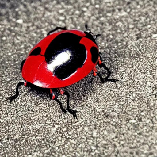 Image similar to promotional still wide angle, a mountain - sized ladybug with three legs roams a barren wasteland, dramatic lighting, ( e. t. the extra - terrestrial ), batteries not included, harry potter, imax, 7 0 mm.