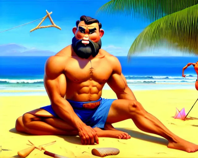 Image similar to muscular gandhi at the beach, sitting on the sand next to a campfire, with palm trees in the back, by artgerm, ilya kuvshinov katsuhiro villeneuve, jeremy lipkin and michael garmash and rob rey, disney pixar zootopia, by tristan eaton, stanley artgermm, tom bagshaw, greg rutkowski, carne griffiths