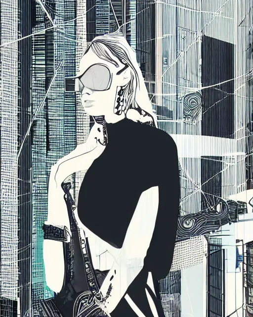 Image similar to cypherpunk fashion illustration, camera face, city street background with high tall buildings, abstract portrait highly detailed, finely detailed