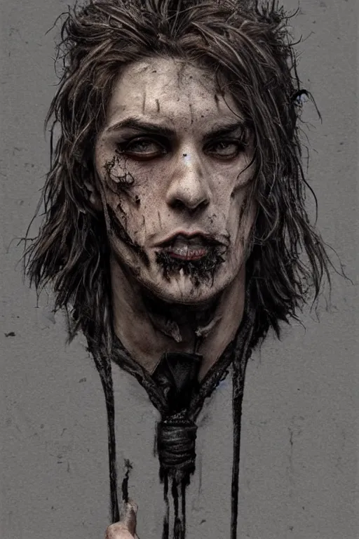 Prompt: a rough ugly young man, very short brown hair, gothic, tattered leather coat, intricate, elegant, dramatic lighting, ugly face, highly detailed, lifelike, photorealistic, digital painting, artstation, illustration, concept art, smooth, sharp focus, art by John Collier and Albert Aublet and Krenz Cushart and Artem Demura and Alphonse Mucha