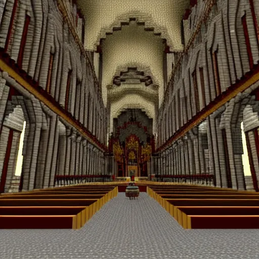 Image similar to inside a large church cathedral for a blood god built in minecraft, ornate, fancy, gloomy