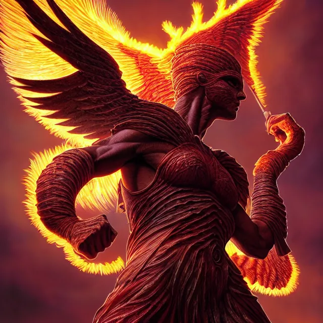 Prompt: phoenix warrior, artgerm, highly detailed, 8 k, hdr, close up, smooth, sharp focus, high resolution, award - winning photo, by thomas cole and wayne barlowe