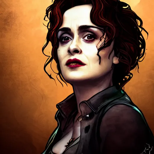 Image similar to helena bonham carter portrait, borderlands, tales from the borderlands, the wolf among us, comic, cinematic lighting, studio quality, 8 k