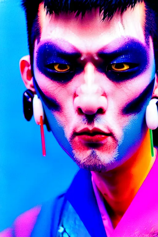 Image similar to a close - up risograph of cyberpunk japanese model men with black eyes and pretty face wearing lots of transparent and cellophane accessories, huge earrings, and queer make up, blue hour, twilight, cool, portrait, kodachrome, iso 1 2 0 0, photo by mayumi hosokura, style by moebius