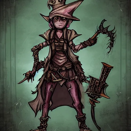 Image similar to cute tiny goblin girl wearing hunter armor from Bloodborne and a wizard hat, geeen skin, d&d, drawn by Zone-tan