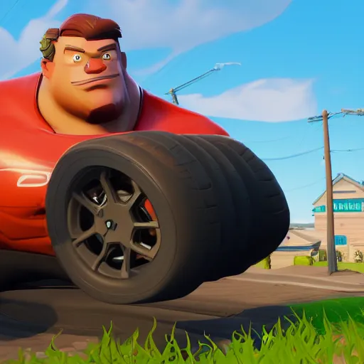 Image similar to fat john cena driving a car with really big tires, fortnite screenshot. 8k, 4k.