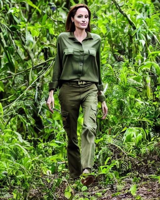 Image similar to angelina jolie wearing a green long sleeved shirt and cargo pants, encounters wild gorillas in the forests of the congo, photographed in the style of national geographic