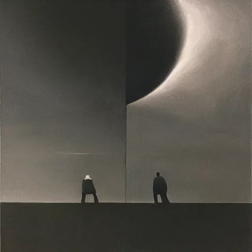 Image similar to “ close up of two men looking up the sky. the sky is totally black. art by zdzisław beksinski ” — w 1 9 2 0 — steps 4 8