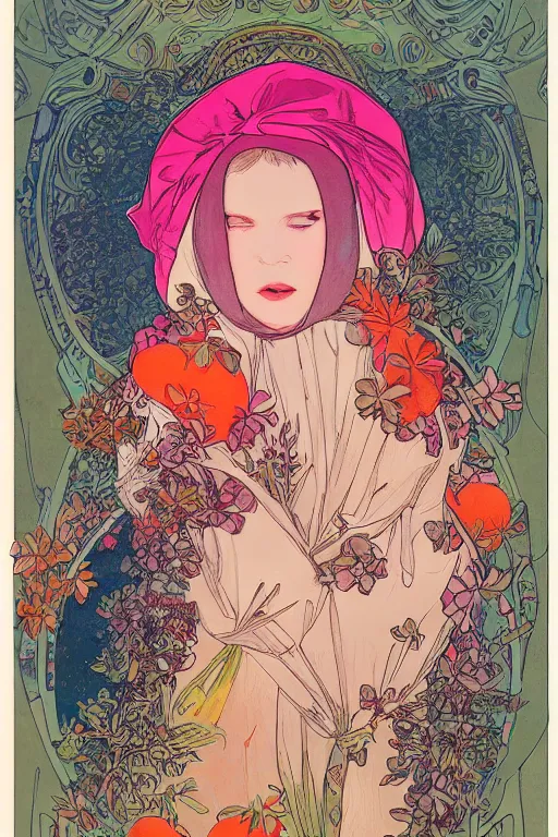 Image similar to a Girl in a large hood sitting on the ground , Slices of orange, cd , microphones ,pink Petals,graphic Design by rella and mucha ,Refreshing colour