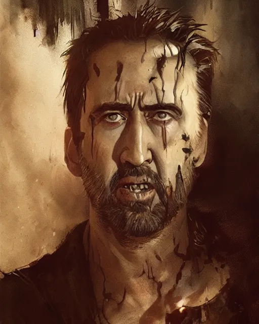 Image similar to hyper realistic photo portrait nicholas cage bearded zombie cinematic, greg rutkowski, james gurney, mignola, craig mullins, brom